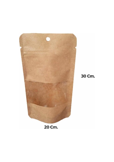 Doypack Pencereli Kraft Delikli Kilitli Kese Kağıdı Orta Boy 1 KG 60'lı 20 x 30 CM