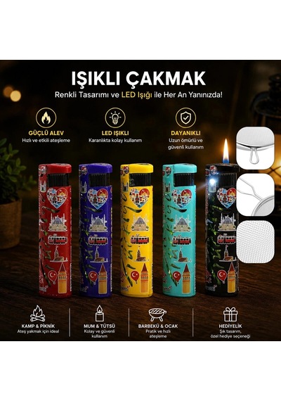 Özel Üretim Hediyelik Hatıra Koleksiyon Rüzgar Çakmağı - Led Işıklı - Türkiye Temalı - Renkli