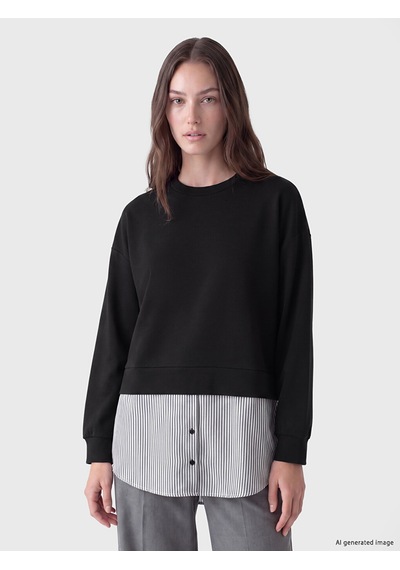 Lcw Modest Siyah Soft Touch Çizgili Kadın Sweatshirt Tunik