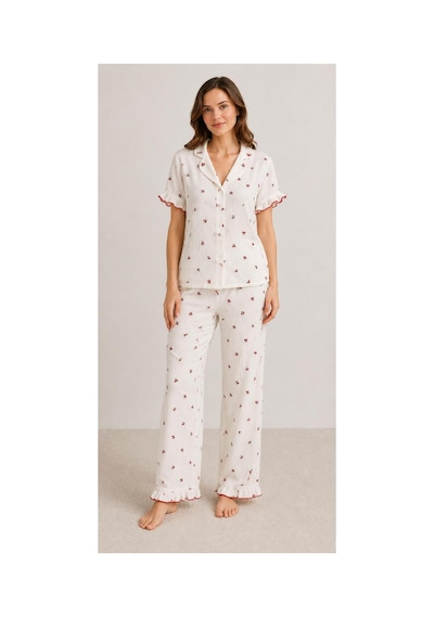 Pijamask Kadın Kısa Kollu Pamuklu Pijama Takım Kbeyaz