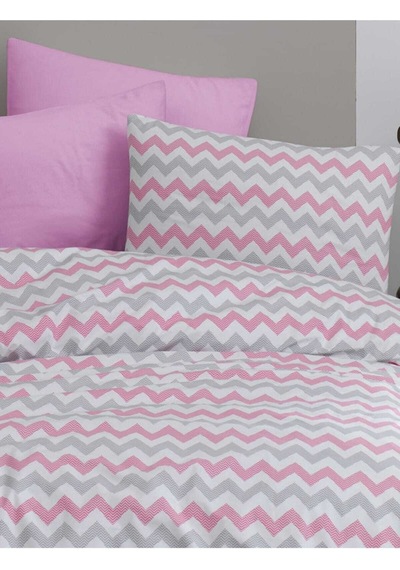 Tek Kişilik Lastikli Nevresim Takımı 160x220 Pembe Zikzak Desenli