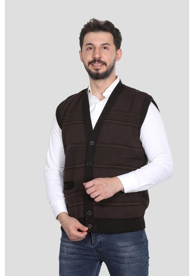 Kzc Tekstil Erkek Baba Orta Yaş Ve Üzeri Triko Örgü Akrilik Kışlık Kalın Dokulu Düğmeli Cepli Baba Yelek Kahverengi