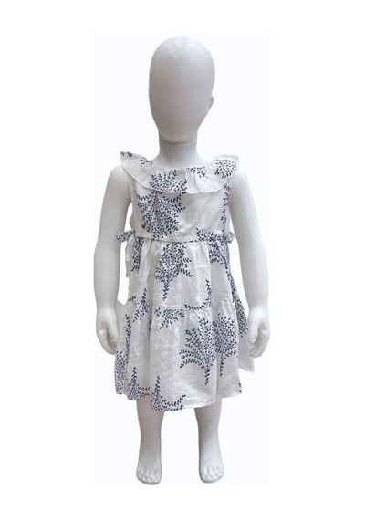 Çikoby Kız Bebek Çocuk Mavi Desenli Bel Lastikli Fırfırlı Elbise-13876 Beyaz