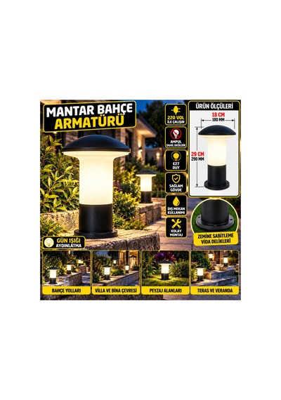 2'li Paket Tipi Bahçe Aydınlatma Armatürü 29 Cm Siyah E27 Duy 220v Dış Mekan Park Peyzaj Yürüyüş Yolu Lambası Ampul Hariç Siyah - 939324801 Siyah