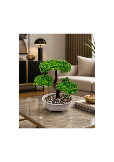 Yıldız Yapraklı Dekoratif Bonsai Yapay Ağaç 24 Cm- Ev & Ofis & Kafe Masa & Raf Dekoru Yeşil Yeşil