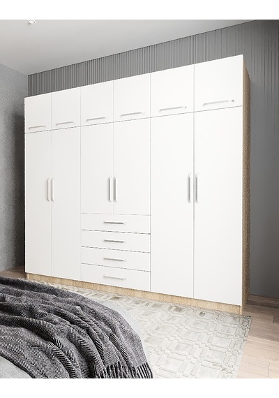 Biray 6 Kapaklı Gardırop Dolap Meşe Beyaz 240 Cm - Montaj Dahil