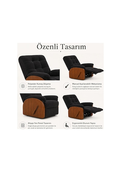 Smarto Relax Ticino Manuel Mekanizmalı Ayak Uzatmalı Ahşap Yan Panelli Polyester Tv Koltuğu Baba Koltuğu Siyah