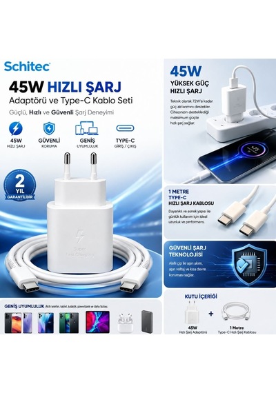 Schitec 45w Hızlı Şarj Adaptörü Ve 1 Metre Type-c Type-c Hızlı Şarj Kablo Set Beyaz