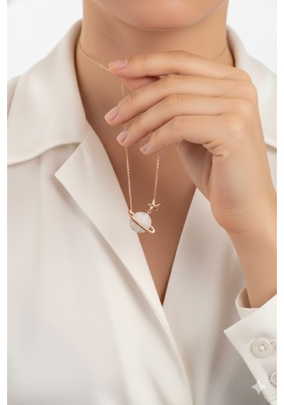 Çekirdekjewelry 925 Ayar Gümüş Rose Kaplama Gezegen Kolye Pembe