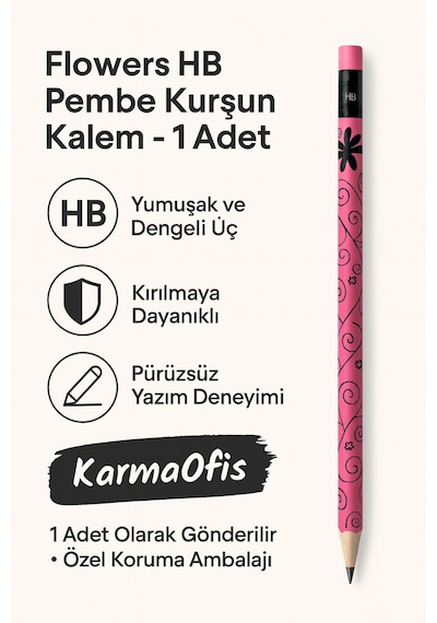 Flowers Hb Pembe Kurşun Kalem 1 Adet Çiçek Desenli Hb Uç Pembe