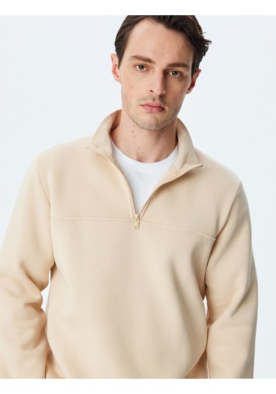 Koton Uzun Kollu Pamuk Karışımlı Basic Yarım Fermuarlı Sweatshirt Bej 5wam70255mk Ekru