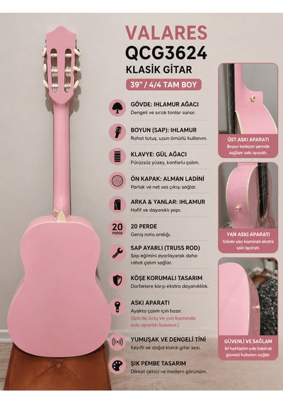 Valares Qcg3624 Klasik Gitar Soft Pembe Tasarım 39 4/4 Sap Ayarlı Köşe Korumalı Askı Aparatlı Yumuşak Tını