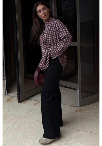 Madmext Kırmızı Oversize Kareli Kadın Gömlek Mg2822