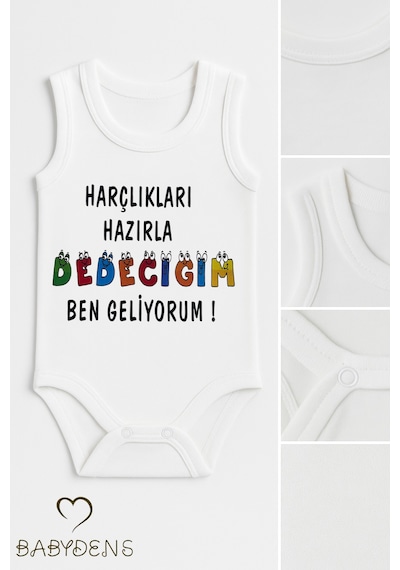 Babyden's Harçlıkları Hazırla Dedeciğim, Ben Geliyorum Yazılı Kolsuz Bebek Body %100 Pamuk Unisex Beyaz