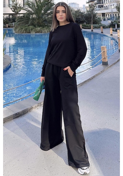Kadın Siyah Yuvarlak Yaka Sweatshirt & Bol Paça Beli Lastikli Pantolon - Rahat Alt & Üst Takım Siyah