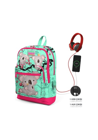 Su Yeşili Neon Mercan Koala Desenli Coral High Kids Usb'li 3 Lü Okul Çanta Seti Goset0123813