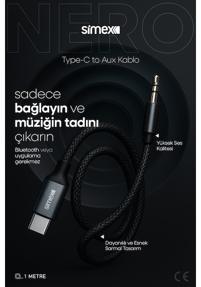 Simex Type C Dac Sa-02 Nero Kumaş Aux Kablosu Kumaş