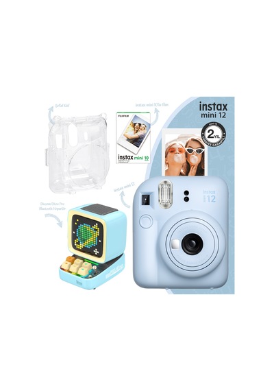Instax Mini 12 Fotoğraf Makinesi + 10'lu Film + Şeffaf Kılıf + Divoom Ditoo Pro Bluetooth Hoparlör