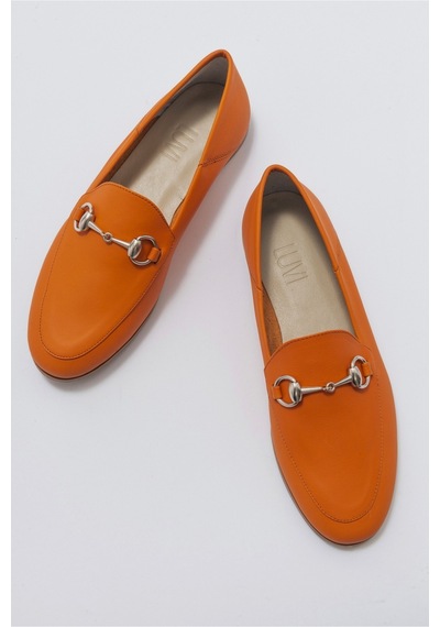 Luvishoes F03 Turuncu Cilt Hakiki Deri Kadın Babet Turuncu