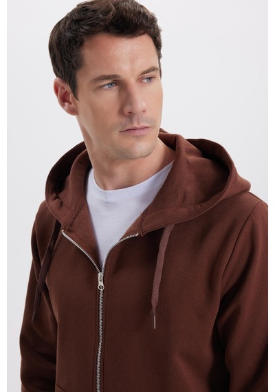 Tudors Unisex Relax Fit Rahat Kesim Pamuklu İçi Polarlı Çift Cepli Tam Fermuarlı Kahverengi Kapüşonlu Sweatshirt-41654 Kahverengi