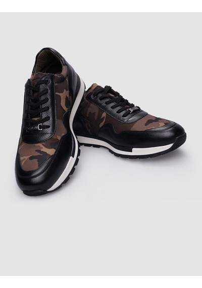 %100 Hakiki Deri Siyah Bağcıklı Kamuflaj Desenli Erkek Sneaker-siyah Siyah