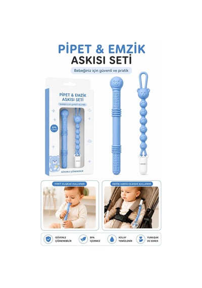 2'li Diş Kaşıyıcı Seti Pipet Ve Emzik Askısı Bebek Dişlik Mavi