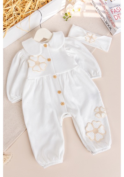 Babymod Bebe Yaka Çiçek Motifli 100% Pamuk Bandanalı Kız Bebek Tulum Krem