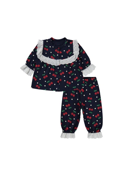 Civil Baby Puanlı Kiraz Emprime Fistolu Kız 6-18 Ay Pijama Takımı - Lacivert