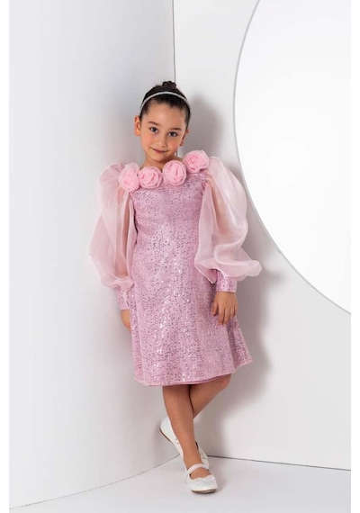 Riccotarz Kız Çocuk Yakası Boydan Gül Broş Detaylı Bilekleri Ve Üzeri Pullu Karpuz Kollu Pembe Elbise Pembe Riccotarz Kız Çocuk Yakası Boydan Gül Broş Detaylı Bilekleri Ve Üzeri Pullu Karpuz Kollu Pembe Elbise Pembe