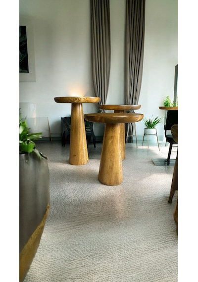 Wood Ahşap 3 Lü Set Mantar Yan Sehpa Konik Model / Meşe Renk