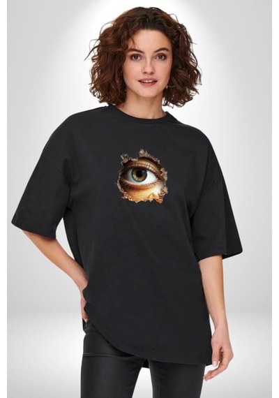 Duvardan Biri Bizi Gözetliyor Pamuklu Bisiklet Yaka Unisex Oversize Boyfriend Dijital Baskılı Siyah T-shirt Siyah