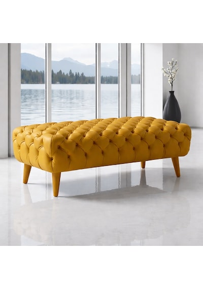 Smarto Relax Swiss Style Puf Adelboden Kapitone Puf,baby Face Polyester Kaplama,ahşap Ayaklı 100x50x45 Cm Kapitone Puf,ayaklı Sari Sarı