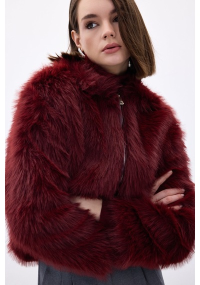 Sateen Fermuarlı Kürk - Bordo-136673 Bordo