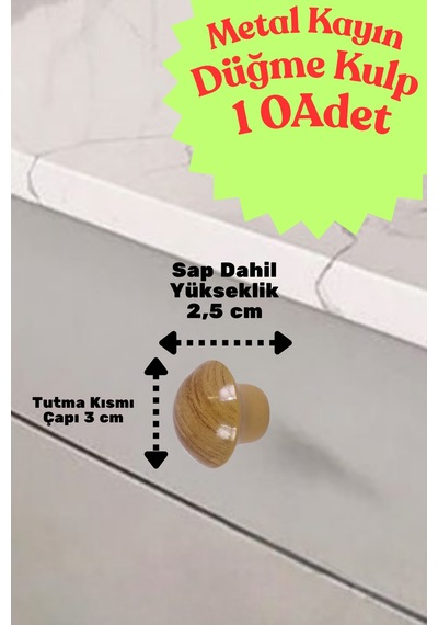 10 Adet Metal Yuvarlak Ahşap Desen Düğme Kulp - Çocuk Odası, Mutfak Dolap İçin Modern Çekmece Kulbu Kayın Kayın