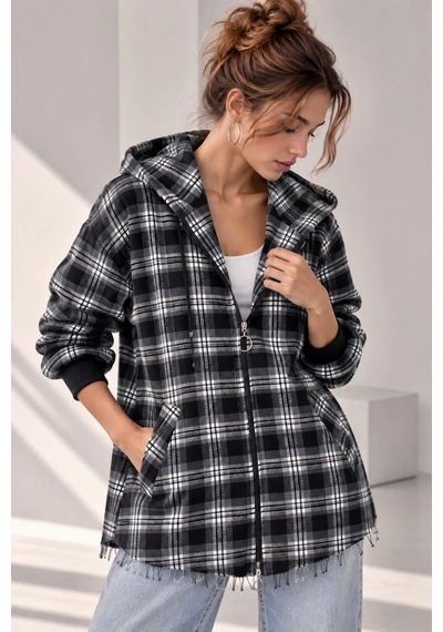 Bb Butik Basic Kapüşonlu Fermuarlı Oversize Ekose Oduncu Gömlek Ceket Kadın Rahat Mevsimlik Günlük Tr0935 Siyah