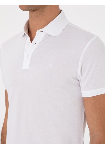 Beyaz Slim Fit Polo Yaka Pamuklu Basic T-shirt