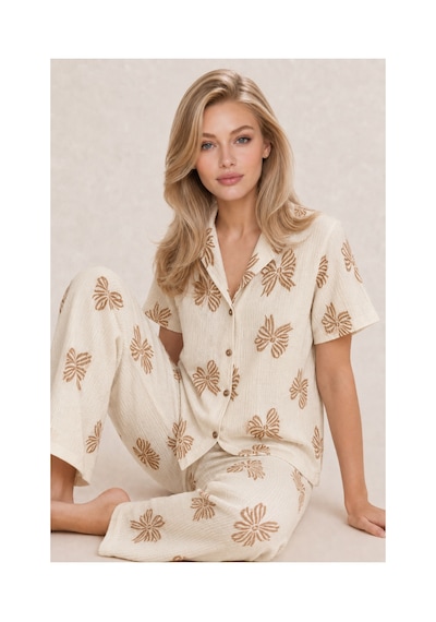 Fit Women Kadın Kısa Kol Desenli Ekru Pijama Takımı 4739