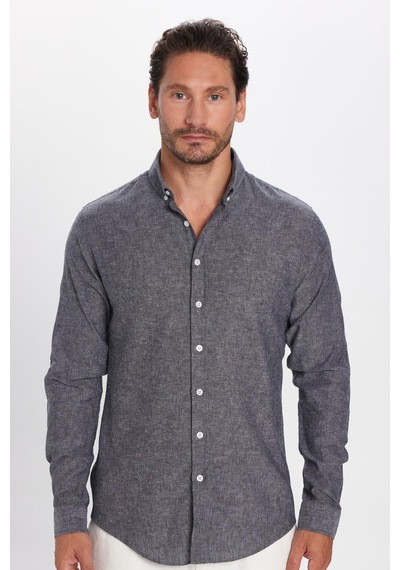 Tudors Erkek Slim Fit Dar Kesim Uzun Kollu Keten Premium Seri Düğmeli Yaka Spor Antrasit Gömlek-32817 Antrasit