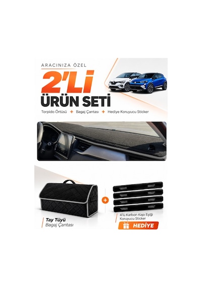 E-biz Renault Captur 2 2019-2024 Uyumlu Torpido Örtüsü + Tay Tüyü Çanta - Siyah-gri - Re036