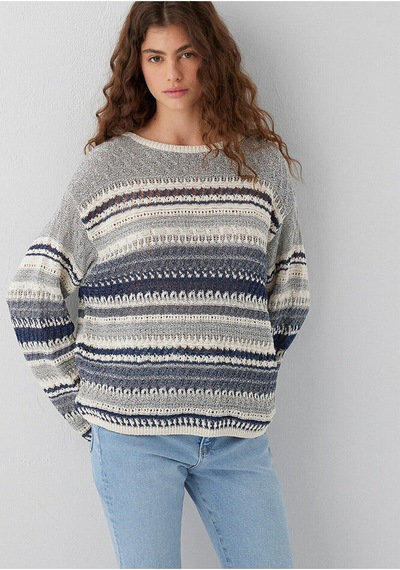 Mavi Çizgili Jakarlı Kazak Loose Fit / Bol Rahat Kesim 1710973-84057 Gri