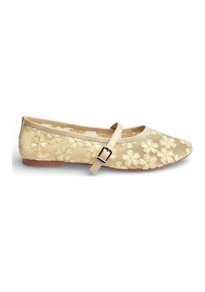 Fox Shoes Y726711415 Bej File Çiçek Motif İşlemeli Kadın Babet Bej