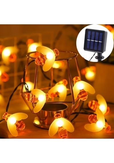 Güneş Enerjili Arı Figürlü Dekoratif Led Işık 6,5 Metre - 8 Mod Bahçe, Balkon, Teras Süsleme Dekoru