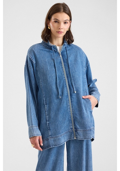 Olcay Fermuar Kapamalı Bağcık Detaylı Soft Denim Ceket Pantolon İkili Takım Mavi 9468-tk