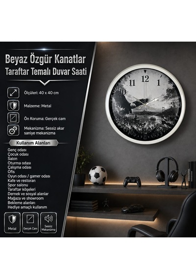 Beyaz Özgür Kanatlar Taraftar Temalı 40 X 40 Cm Metal Duvar Saati
