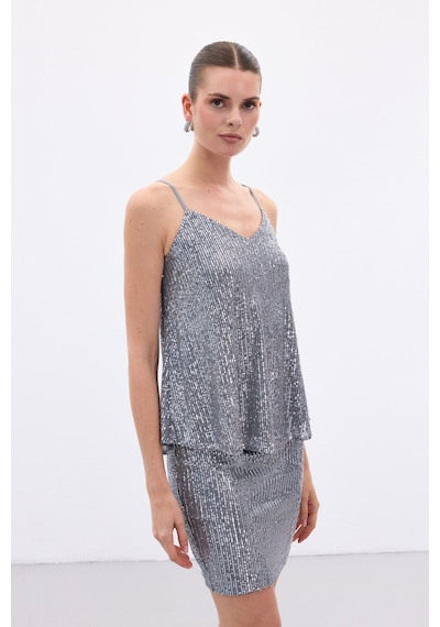 Sateen Payet Detaylı Askılı Bluz - Gri-136645 Gri Sateen Payet Detaylı Askılı Bluz - Gri-136645 Gri