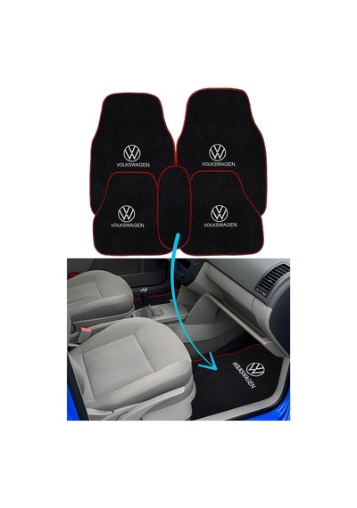 Volkswagen Nakış İşlemeli 5 Parça Araç Oto Halı Paspas Kırmızı Kenarlı Volkswagen Nakışlı Paspas