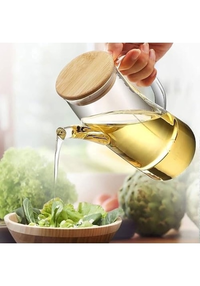 Bambu Kapklı Borosilikat Cam Yağlık & Sirkelik 1 Litre Isıya Dayanıklı & Sızdırmaz Tasarım Bambu Kapaklı Şeffaf Cam Yağdanlık 1000ml Acı Kahverengi