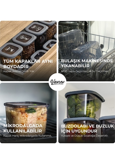 Vienev Foly Serigrafi Etiketli Kare Erzak Saklama Kabı Antrasit 9x 0.55 L + 1.75 L 18'li Antrasit