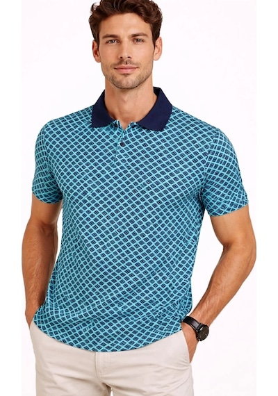 Erkek Pike Kumaş Polo Yaka Desenli Tişört Kısa Kol Yazlık T-shirt - Turkuaz Çok Renkli
