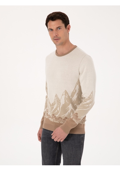 Cacharel Ekru Slim Fit %100 Pamuk Bisiklet Yaka Desenli Triko Kazak Bej